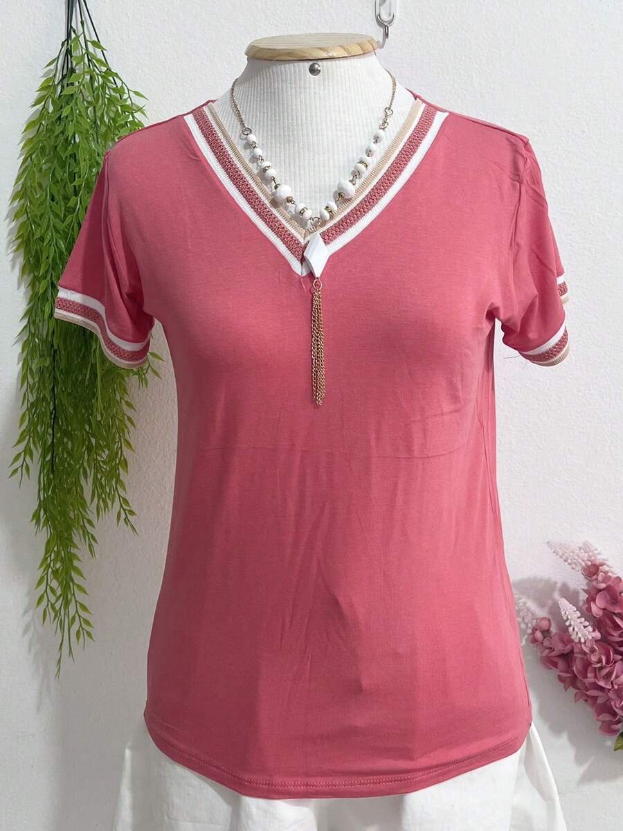 Women's Fashion V-Neck Top Detail Stripes - Màu Hồng  Dưa hấu - Xem 1