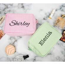 1pc Personalized Makeup Bag, Seersucker Cosmetic Bag, Custom Makeup Bag,Large Capacity Cosmetic Bag, Bridesmaid Bridal Gifts, Makeup Organizer - Multicolor - View 7