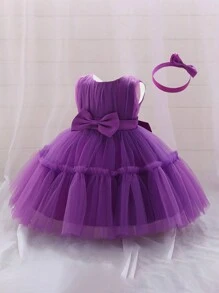 1 chiếc váy bồng bềnh bằng vải tuyn trang trí nơ màu trơn cho bé gái kèm băng đô, dễ thương và thanh lịch - Màu tím - Xem 6