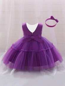 1 chiếc váy bồng bềnh bằng vải tuyn trang trí nơ màu trơn cho bé gái kèm băng đô, dễ thương và thanh lịch - Màu tím - Xem 5