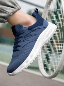 男士时尚透气针织条纹前系带运动鞋，户外日常厚底防滑减震跑步鞋 - 藍色 - 查看 9