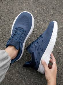 男士时尚透气针织条纹前系带运动鞋，户外日常厚底防滑减震跑步鞋 - 藍色 - 查看 7