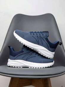 男士时尚透气针织条纹前系带运动鞋，户外日常厚底防滑减震跑步鞋 - 藍色 - 查看 2