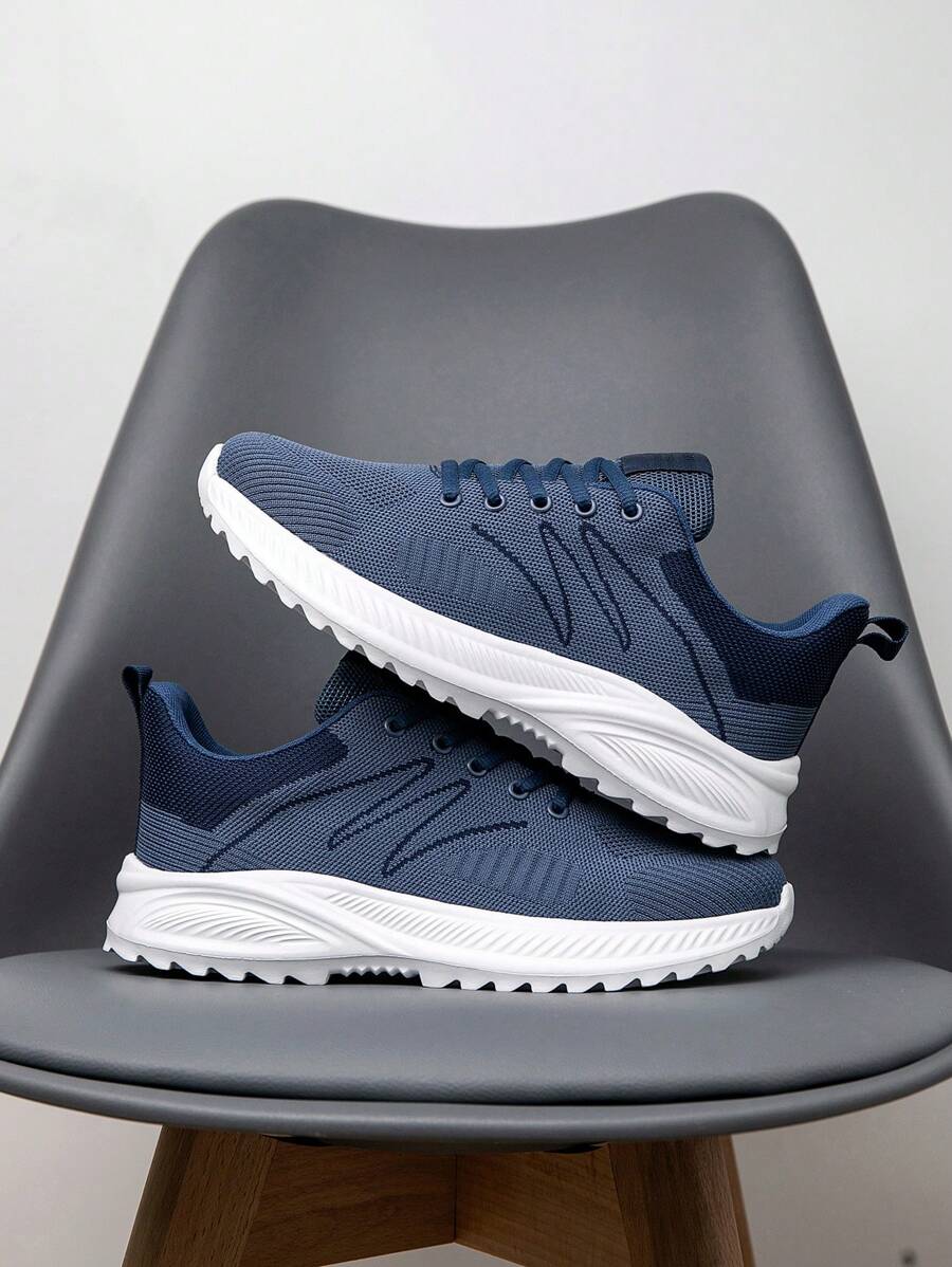 男士时尚透气针织条纹前系带运动鞋，户外日常厚底防滑减震跑步鞋