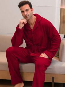 Men's Two Pieces Sets Flannel Collar Wrapped Long Sleeved Top And Pants Sleepwear Set For Winter Wear