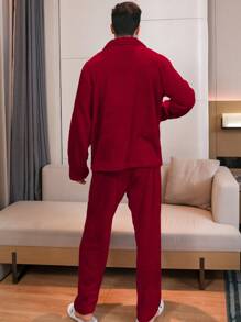 Men's Two Pieces Sets Flannel Collar Wrapped Long Sleeved Top And Pants Sleepwear Set For Winter Wear