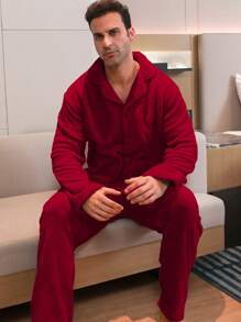 Men's Two Pieces Sets Flannel Collar Wrapped Long Sleeved Top And Pants Sleepwear Set For Winter Wear