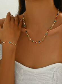 Ensemble collier et bracelet élégants et polyvalents en strass colorés