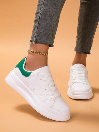 White And Green Women's Casual Sports Shoes, Comfortable, Soft, Elevated, Breathable, Odor-Resistant, Lightweight, Non-Slip, Wear-Resistant, Women's Fashionable Casual And Sports Shoes, Suitable For Outdoor Walking, Jogging, Campus, Street Style