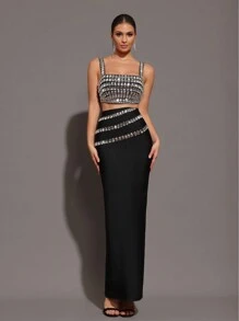 Modphy New Sparkling Rhinestone Camisole + Long Skirt Sexy Two Pieces Set, Elegant Women's Holiday Party Bandage Outfit
