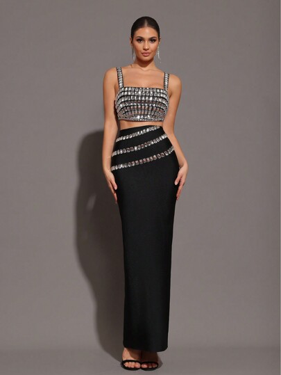 Modphy New Sparkling Rhinestone Camisole + Long Skirt Sexy Two Pieces Set, Elegant Women's Holiday Party Bandage Outfit