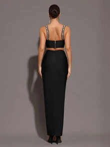 Modphy New Sparkling Rhinestone Camisole + Long Skirt Sexy Two Pieces Set, Elegant Women's Holiday Party Bandage Outfit