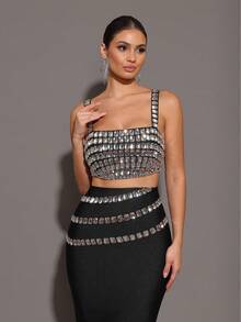 Modphy New Sparkling Rhinestone Camisole + Long Skirt Sexy Two Pieces Set, Elegant Women's Holiday Party Bandage Outfit