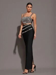Modphy New Sparkling Rhinestone Camisole + Long Skirt Sexy Two Pieces Set, Elegant Women's Holiday Party Bandage Outfit