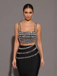 Modphy New Sparkling Rhinestone Camisole + Long Skirt Sexy Two Pieces Set, Elegant Women's Holiday Party Bandage Outfit