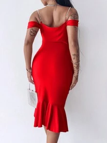 ChicMe Cold Shoulder Pearl Strap Ruffle Hem Slit Bodycon Midi Dress Elegant Party Evening Party Dresses - Red - View 2