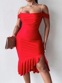ChicMe Cold Shoulder Pearl Strap Ruffle Hem Slit Bodycon Midi Dress Elegant Party Evening Party Dresses - Red - View 8