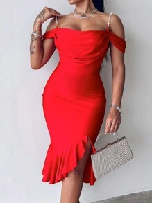 ChicMe Cold Shoulder Pearl Strap Ruffle Hem Slit Bodycon Midi Dress Elegant Party Evening Party Dresses - Red - View 4