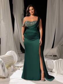 Faeriesty 适合大码女性的曲线单肩高开衩美人鱼晚礼服，优雅的礼服，不对称领口，合身腰部和喇叭形下摆，非常适合晚宴、慈善舞会、颁奖典礼、黑色领带活动和正式婚礼。 - 墨綠色 - 查看 4