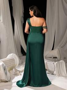 Faeriesty 适合大码女性的曲线单肩高开衩美人鱼晚礼服，优雅的礼服，不对称领口，合身腰部和喇叭形下摆，非常适合晚宴、慈善舞会、颁奖典礼、黑色领带活动和正式婚礼。 - 墨綠色 - 查看 3