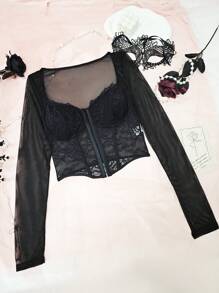 1 件刺绣网眼透明性感蕾丝边露肩衬衫，可作为外套或分层上衣穿着 - 黑色 - 查看 9
