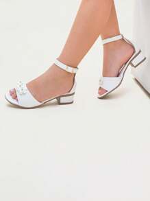 La Requinte Girls' Sandals, Thick Heel, Patent Leather, Bow, Shiny, Comfortable - trắng - Xem 2