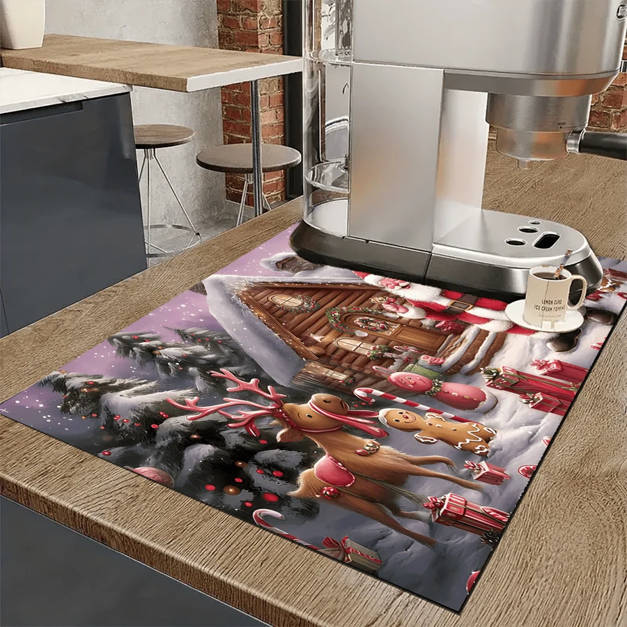 1 tấm lót quầy pha chế cà phê in hình ông già Noel, cây thông Noel, người tuyết và người bánh gừng, tấm lót bàn bằng gel silica thấm hút và chống trượt, đồ trang trí phòng ăn nhà bếp, đồ trang trí bàn ăn Giáng sinh