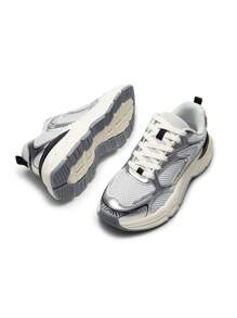 Women Platform Sneakers Fashion 2.35 Inch Chunky Heel Lace-Up Y2K-Style Sneakers Comfortable Tennis Lightweight Breathable Mesh Walking Casual Shoes - 銀色 - 查看 2