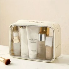 Bolsa de cosméticos transparente de PU, organizador de viaje de gran capacidad para maquillaje, artículos de tocador, gimnasio, natación, almacenamiento de maquillaje, accesorios de viaje, bolsa para brochas, contenedor de maquillaje, artículos esenciales de viaje, accesorios para damas, cosas de viaje, esenciales de vacaciones de verano, bolsa de aseo, bolso de mano