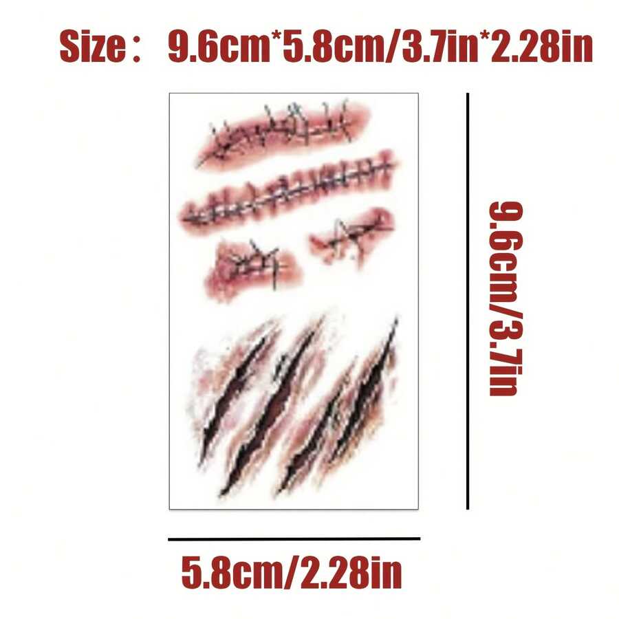50 Sheets Fake Scars Temporary Tattoos, Horror Realistic Wound Stitch