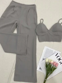 Elegant Tailored Set With Palazzo Pants And Cropped Top/DD032 - Grey - View 1