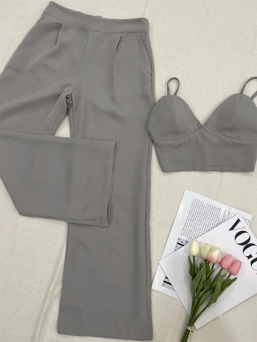 Elegant Tailored Set With Palazzo Pants And Cropped Top/DD032 - Grey - View 1
