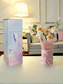 1 Set Handmade Knit Yarn Artificial Flower Bouquet With 5pcs Crochet Flowers, Fabric Knitted Flowers, Plastic Barrel, Packaging Paper Suitable For Birthday Or Anniversary Gift For Mom,Women, Bestie, Friend, Mother'S Day Gift, Valentine'S Day Gift, Birthday Gifts, Home Table Decoration, Valentine Day, Gift,Fake Plants