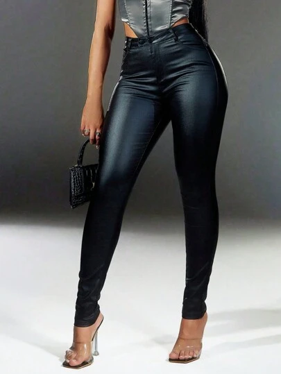 Apperloth A Street High Waist Slant Pocket Double Button PU Leather Skinny Stretchy Tapered Pants Punk Music Festival Black