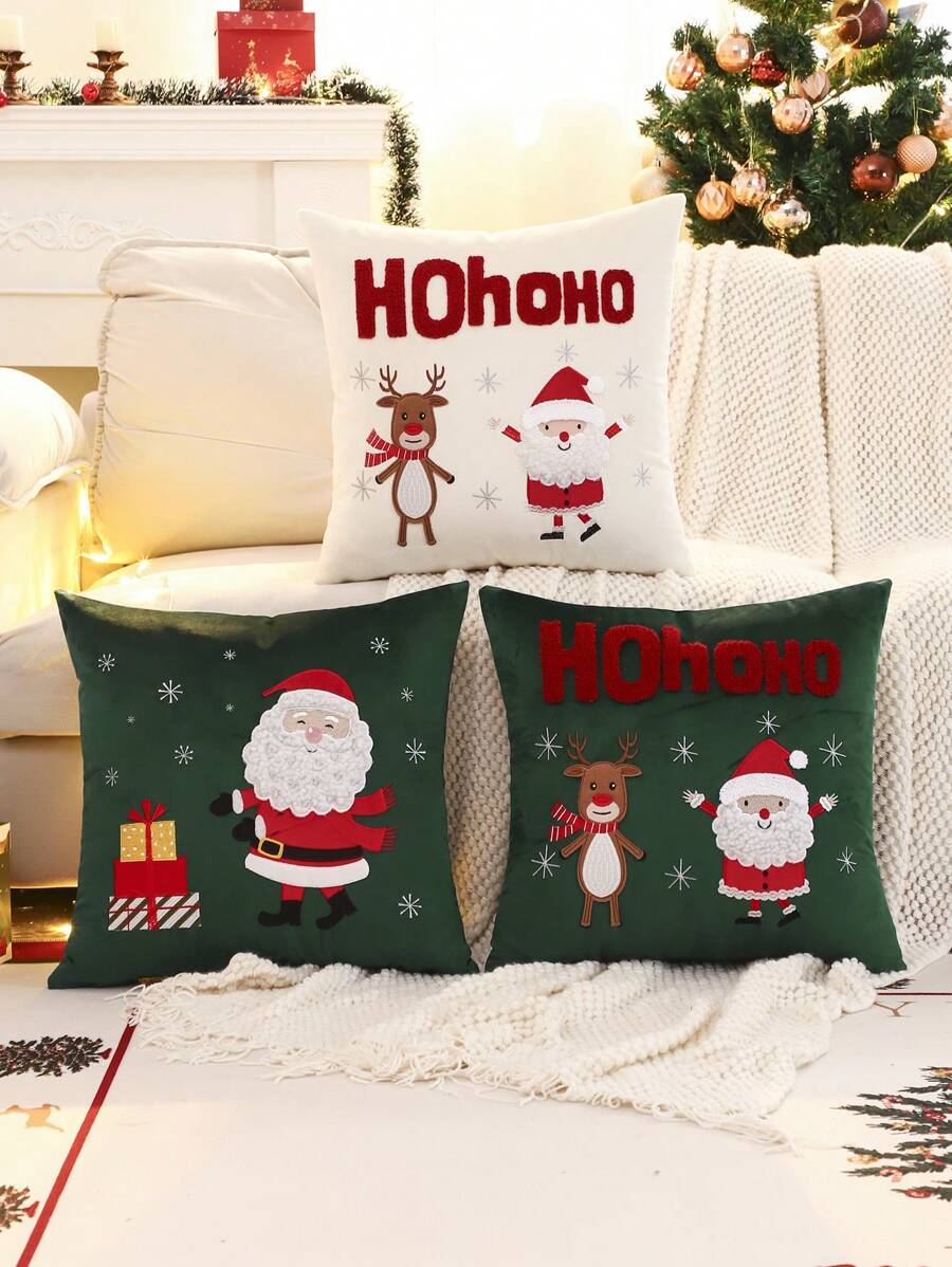 Miater 1 Vỏ gối trang trí Giáng sinh, hộp quà tặng ông già Noel và tuần lộc thêu nhung