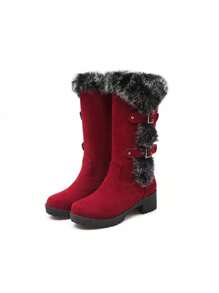 New Arrival Fashion Women Tall Shaft Boots, Match With Corset Round Toe, Pull-On Style, Metal Buckle, Fluffy Trim, Warm Lining, Casual & Comfortable, Flat Heel Snow Boots For Winter,Fur Boots,Christmas Outfits