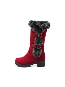 New Arrival Fashion Women Tall Shaft Boots, Match With Corset Round Toe, Pull-On Style, Metal Buckle, Fluffy Trim, Warm Lining, Casual & Comfortable, Flat Heel Snow Boots For Winter,Fur Boots,Christmas Outfits