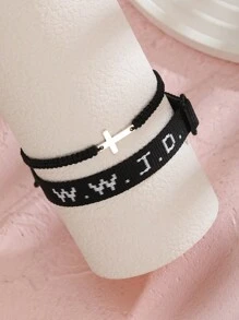 2pcs/Set Minimalist Stainless Steel Cross Bracelets & Wwjd Letter What Would Jesus Do Christian Jewelry Jacquard Knit Wristband Bracelet Set For Women For Party Jewelry