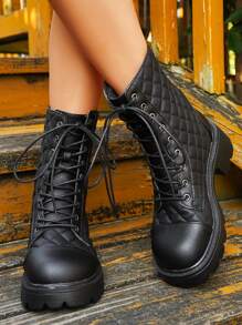 Giày bốt đi xe máy buộc dây kẻ sọc thời trang nữ Giày bốt cao cổ ngắn đế dày Giày cao su mũi tròn màu đen Giày bốt mùa đông thoải mái - màu đen - Xem 6