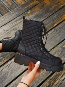 Giày bốt đi xe máy buộc dây kẻ sọc thời trang nữ Giày bốt cao cổ ngắn đế dày Giày cao su mũi tròn màu đen Giày bốt mùa đông thoải mái - màu đen - Xem 2