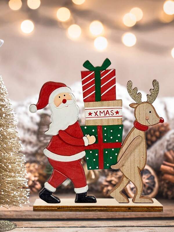 1 Set Wooden Of Table Desk Top Wooden Sign Designed With Santas And Elk,Rustic Ornaments For Xmas Home, Hotel, Shop, Bar, Market Decor Best Gifts