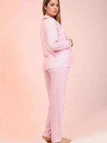 2 piezas Conjunto de top de manga larga y pantalones para maternidad y posparto, diseño de rayas con cuello de solapa, cómodo y de alta gama - Rosa - Ver 6