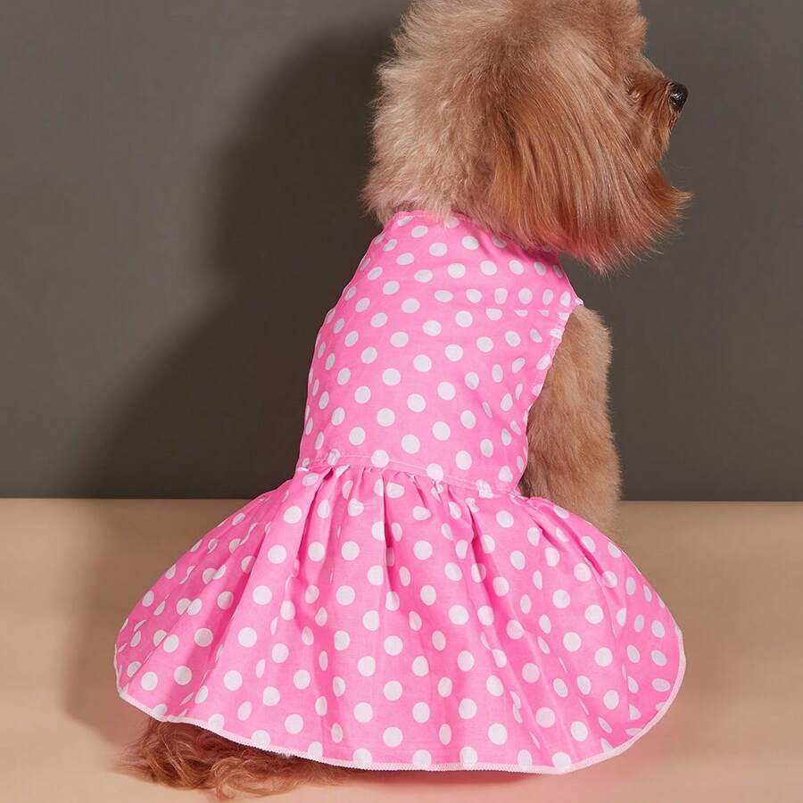 Fashionable Pet Dog Dress, Polka Dot Print Skirt For Small Dogs, Puppy Apparel - Pink - View 1