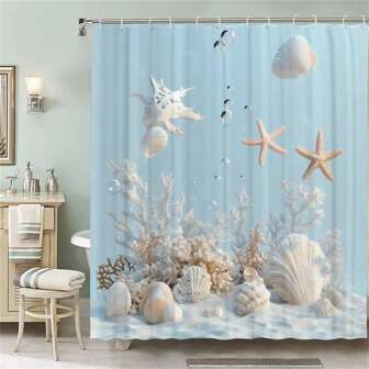 防水无纺布浴帘，海星贝壳图案，艺术海洋主题装饰，图案印花浴帘，带挂钩，适用于家庭和酒店 - 可机洗，家居浴室装饰，秋季装饰，浴室配件，返校季