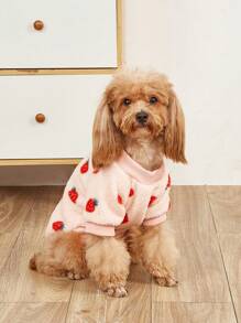 1pc Strawberry Fruit Pattern Plush Pet Clothes, Warm Dog Hoodie, Cat Sweatshirt - Multicolor - View 2