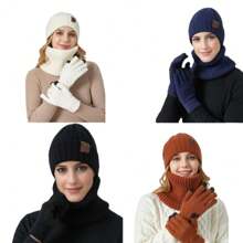 Thickened Warm Knit Three In One Hat, Scarf And Gloves, Winter Outdoor Cycling, Christmas Exquisite Gifts - 乳白色 - 查看 1