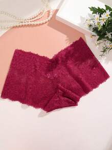 全蕾丝图案平角裤 - 酒紅色 - 查看 7