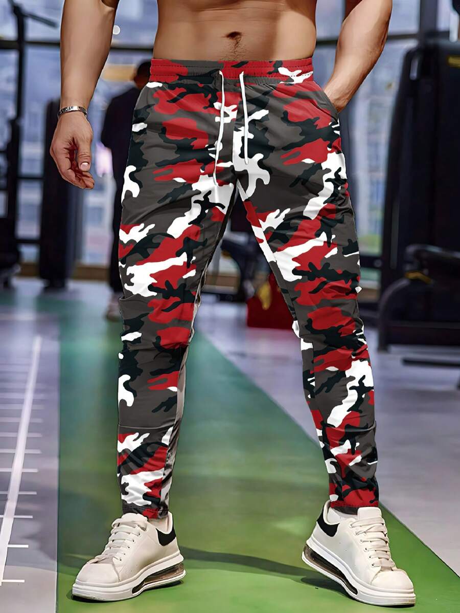 男士时尚渐变数码印花休闲长裤，舒适抽绳腰部慢跑裤，适合秋冬季 - 灰色 - 查看 1