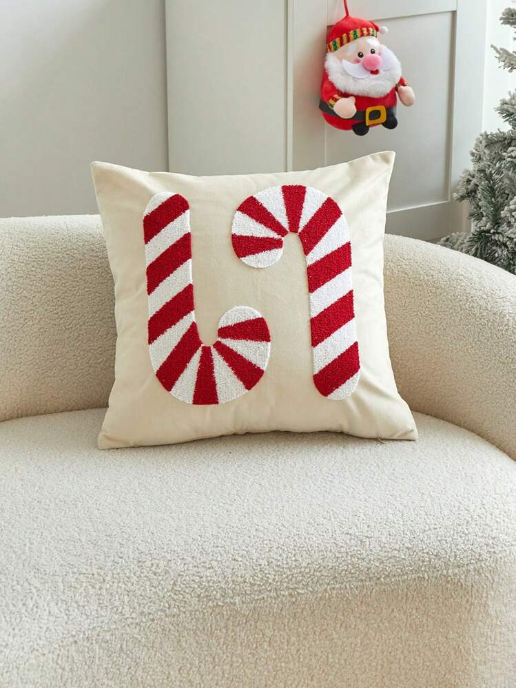 圣诞节拐杖糖刺绣抱枕套，客厅、卧室、派对家居装饰 - 彩色 - 查看 9