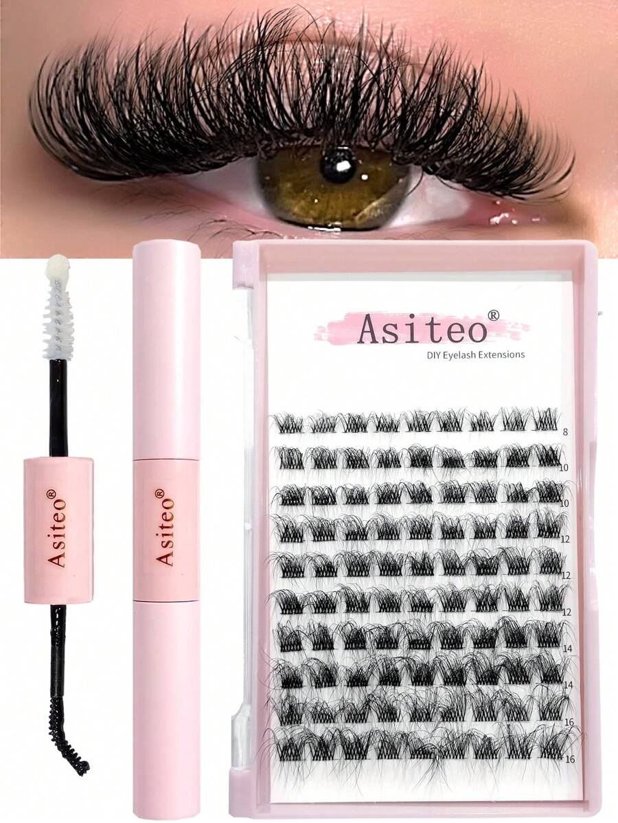 Asiteo 90 Pcs Cluster DIY Lash Set: Faux Mink Lashes Fluffy Messy 3D Cluster D Curl Lashes Mix Individual Eyelashes Extensions With Lash Bond & Seal - 彩色 - 查看 1